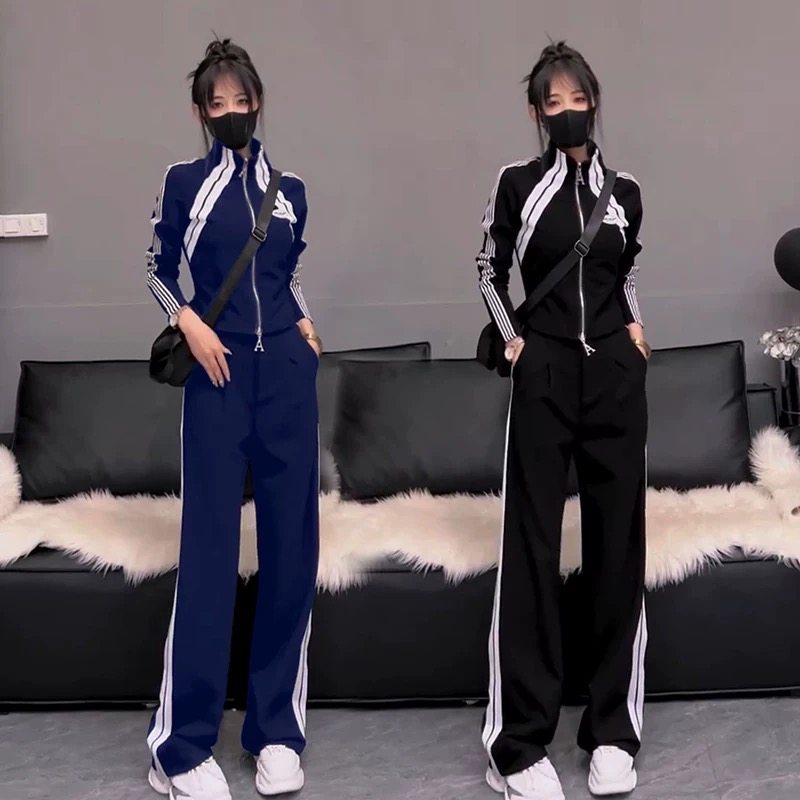 2026春秋季新款韩版休闲运动服套装修身立领上衣直筒阔腿裤两件套