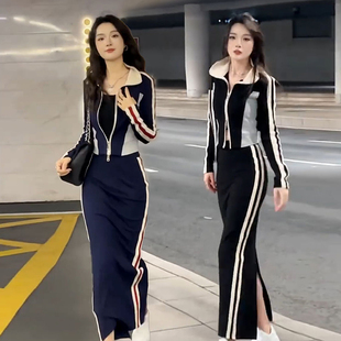 休闲运动服套装 时尚 裙女2025春秋立领收腰显瘦外套半身裙两件套潮