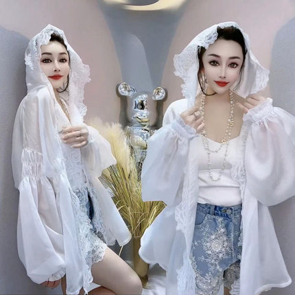 欧货轻薄长袖防晒服外套女夏2026新款韩版蕾丝花边连帽宽松皮肤衣