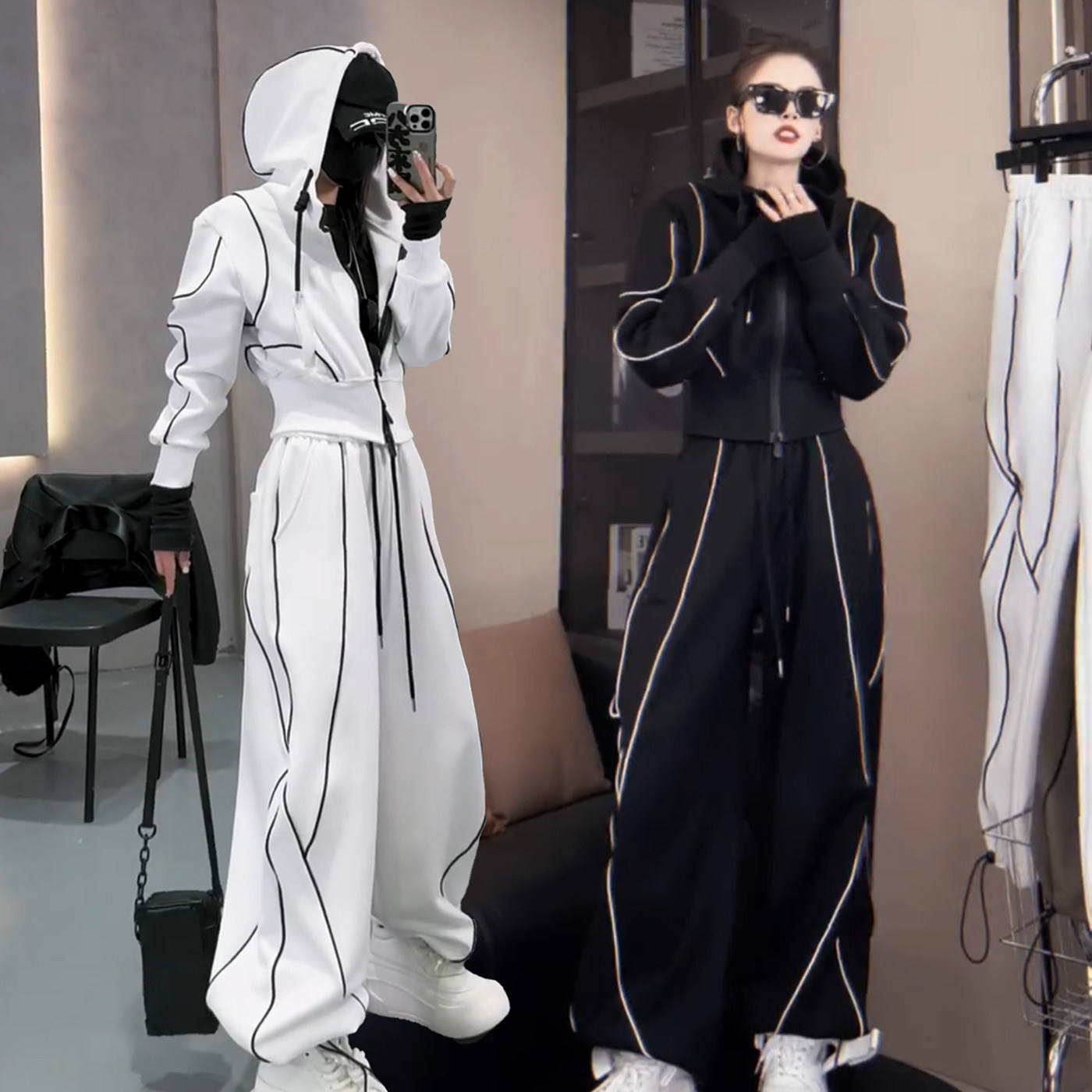 网红炸街2025春秋爆款休闲百搭长袖连帽短外套阔腿裤运动服两件套,女装/女士精品,休闲运动套装,淘宝优惠券,粉丝福利购,淘宝优惠卷