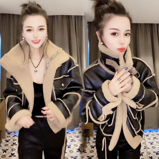 皮毛一体机车服女2025冬季洋气颗粒绒羊羔毛PU皮棉衣短棉服外套女