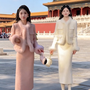 时尚加厚夹棉保暖套装女2026冬季新款洋气拼接兔毛毛短外套半身裙