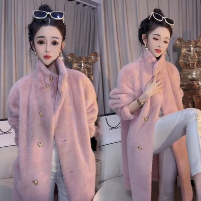 仿皮草貂皮大衣粉色毛毛外套风衣