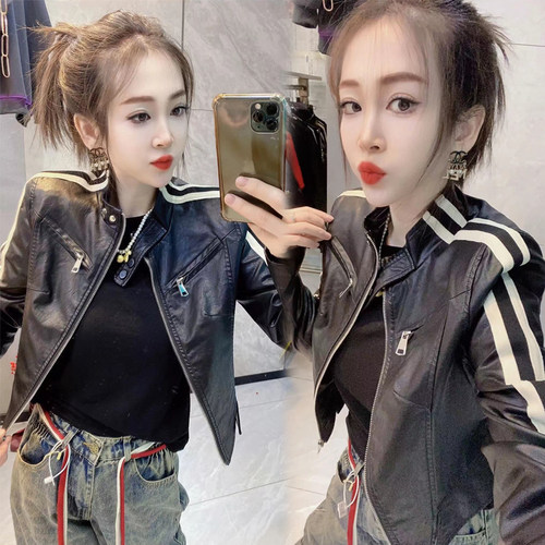 春秋机车风短款皮夹克皮衣女外套