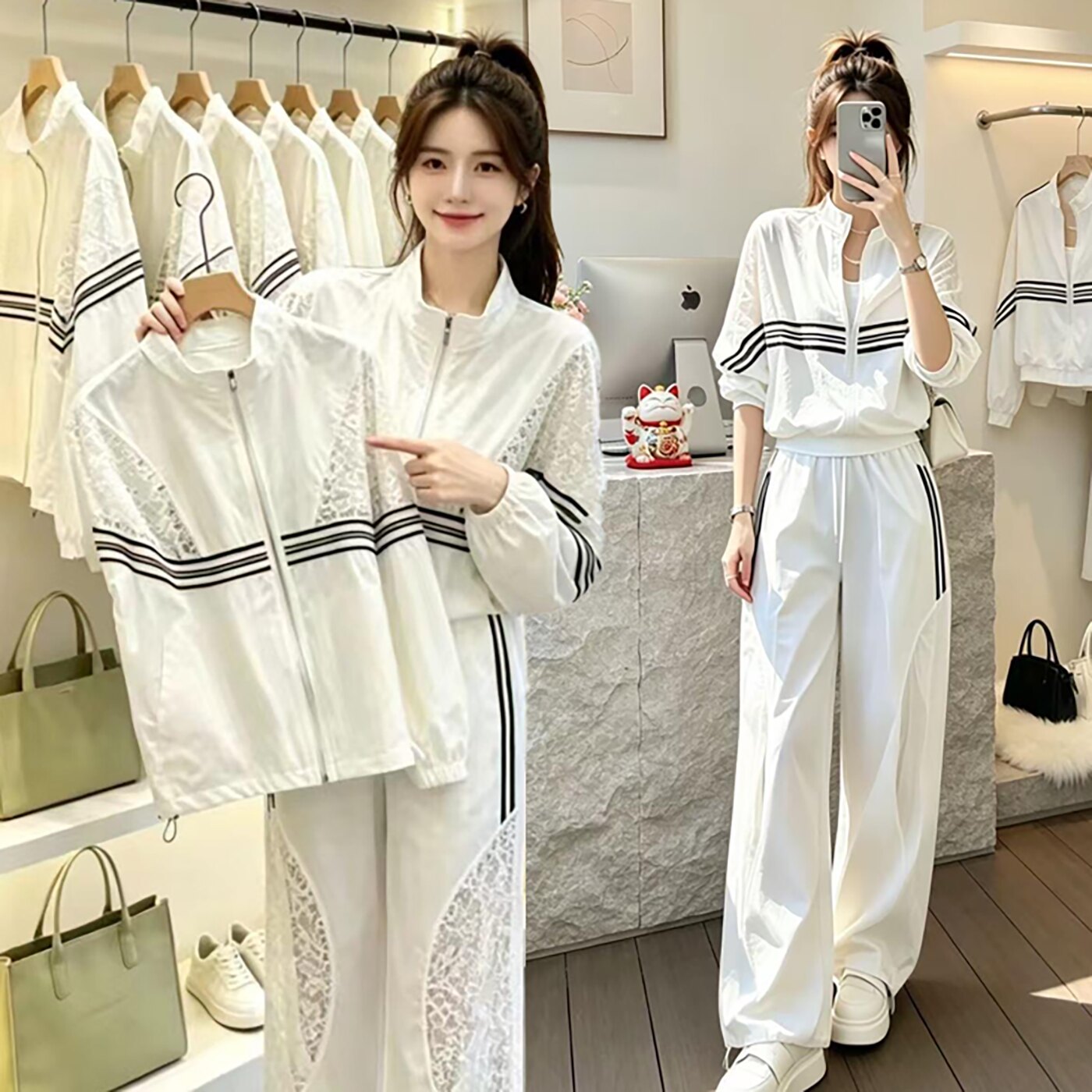 夏季流行爆款防晒休闲运动套装女新款韩版宽松蕾丝外套条纹阔腿裤