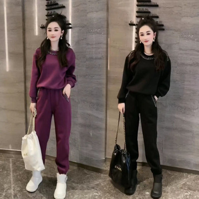 加绒时尚休闲运动套装卫衣束脚裤
