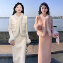 小香风套装 时尚 裙女加棉加厚兔毛毛拼接温婉淑女防寒保暖 新款 冬季
