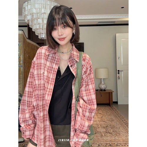 【清简人间】松弛感韩系宽松休闲慵懒格纹长袖衬衫女