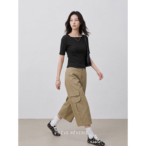 REVE【蜜语甜】高级感极简风方领显瘦百搭中袖短袖T恤上衣女