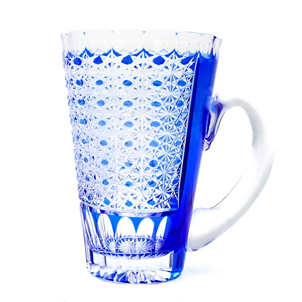 日本制江户切子手工雕花啤酒杯宝石蓝星纹430ml水晶杯直发包邮