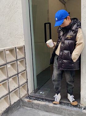韩版加厚连帽羽绒马甲男中大童保暖羽绒背心外套黑色