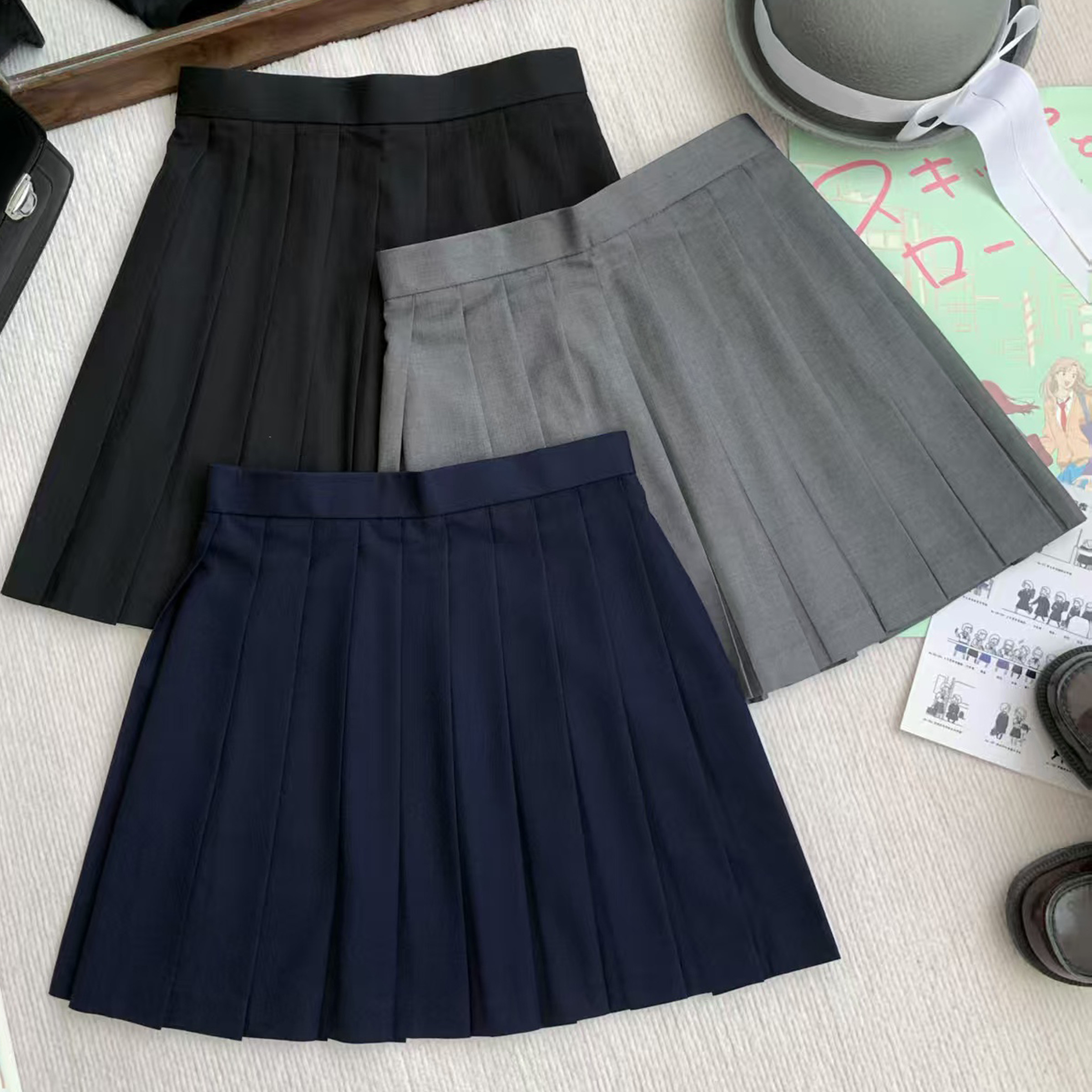 纯色百褶裙正统JK制服裙高腰日系学生班服黑灰蓝短裙狗短学院长裙