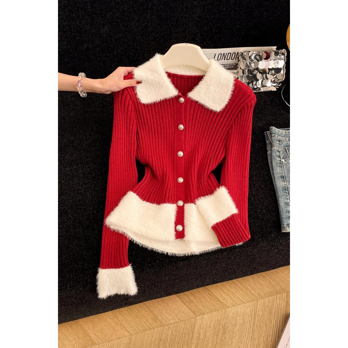 实拍小香风软糯舒适毛衣开衫女秋冬季新款拼接毛绒绒气质显瘦长袖