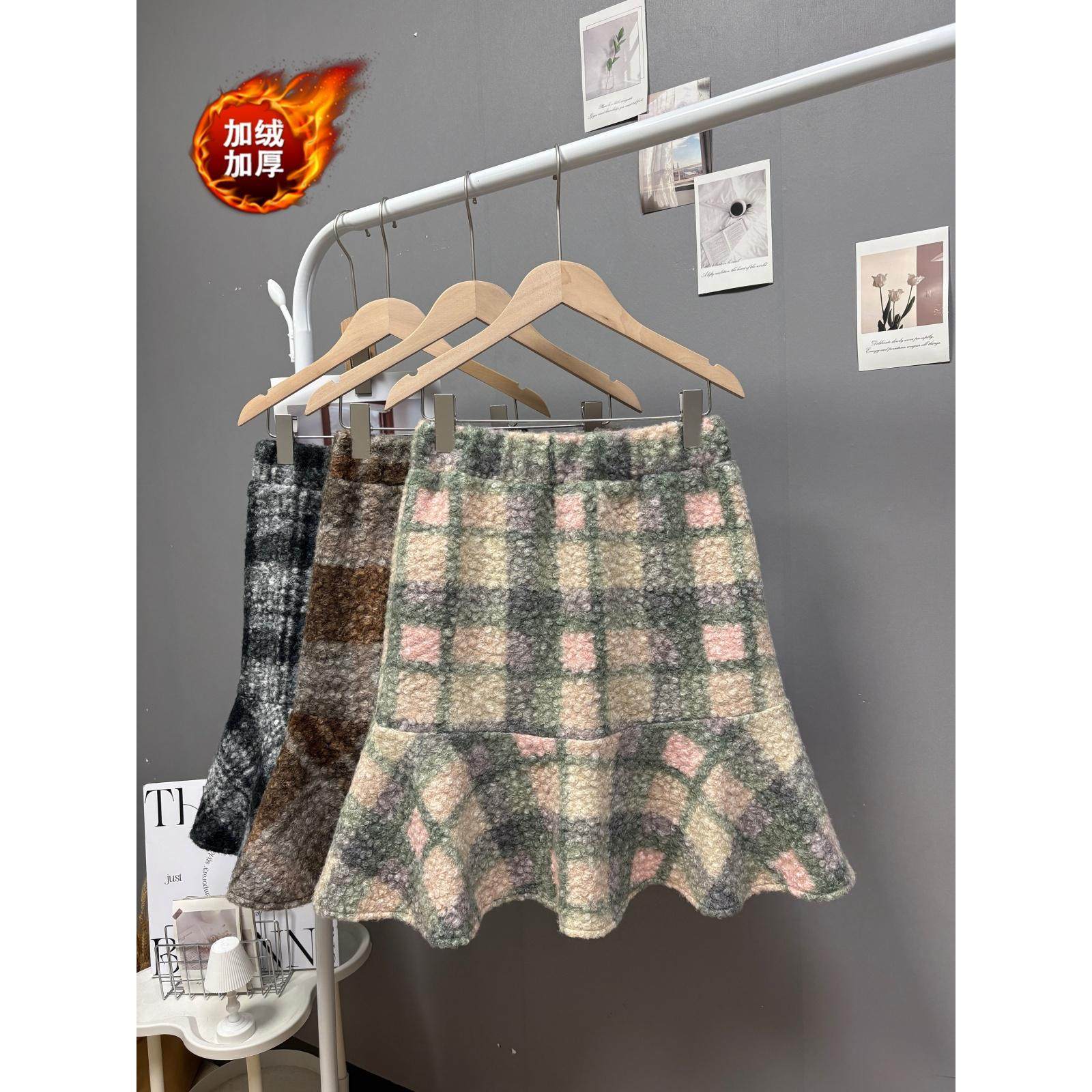 冬季新款韩系chic复古仿羊羔毛加绒加厚撞色格子半身裙鱼尾中裙,女装/女士精品,半身裙,淘宝优惠券,粉丝福利购,淘宝优惠卷