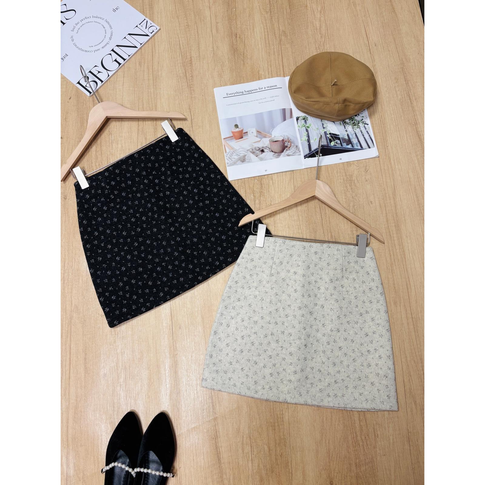 东大门秋冬新款韩系chc小清新毛呢碎花半身裙高腰显瘦百搭A字短裙