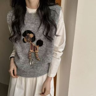 韩国东大门慵懒港味小马刺绣针织背心女软糯洋气毛衣马甲叠穿上衣