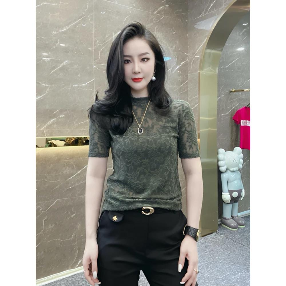 女人味微透提花网纱蕾丝T恤女2025夏时尚洋气显瘦薄款针织衫上衣
