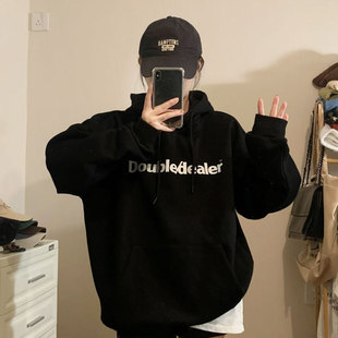 美式复古字母黑色连帽卫衣女秋冬加绒加厚宽松简约百搭带帽子外套