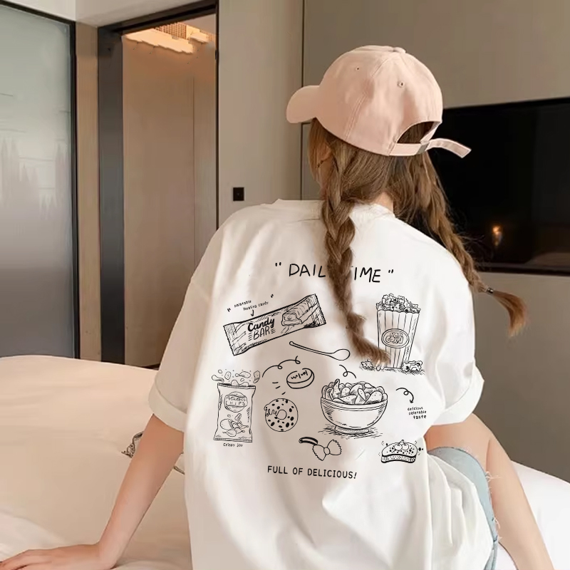 jktee2025新款韩系慵懒风白色正肩t恤女短袖后背印花宽松半袖上衣