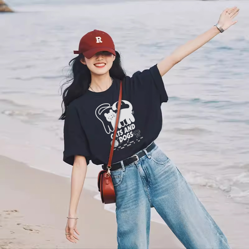 jktee黑色短袖t恤女2025新款夏季正肩纯棉合身显瘦长款款体恤半袖