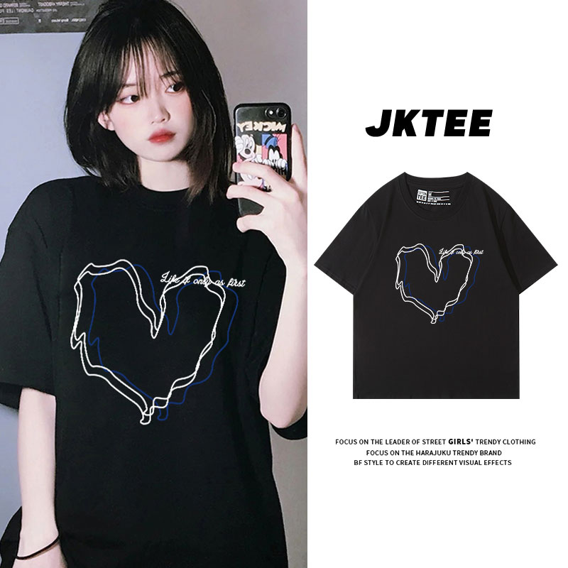 jktee印花黑色正肩流行小众短袖