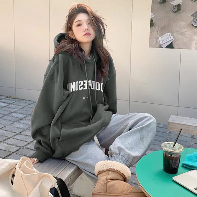 oversize字母深灰色连帽卫衣女潮ins秋冬加绒宽松大码带帽子外套