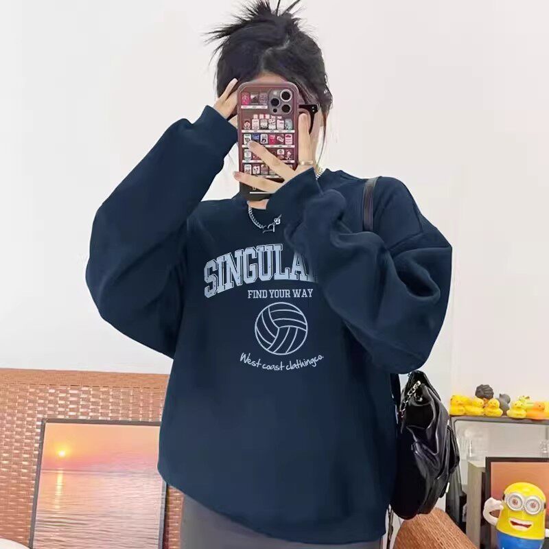 chic可爱风通勤百搭藏蓝色无帽圆领卫衣女宽松韩版穿春秋长袖上衣