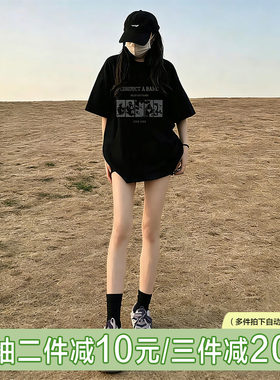 韩版宽松大码黑色纯棉短袖t恤女夏季显瘦遮肉百搭半袖圆领体恤