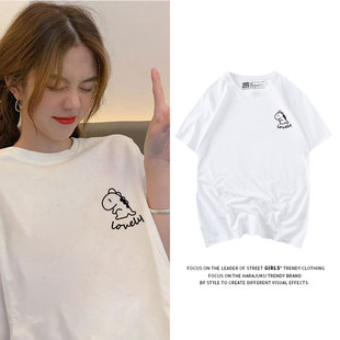 简约胸标卡通印花白色短袖 夏 t恤女小个子休闲百搭甜酷风纯棉半袖