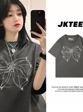 jktee蝴蝶结印花深灰色短袖t恤女宽松韩版甜系少女夏季纯棉半截袖