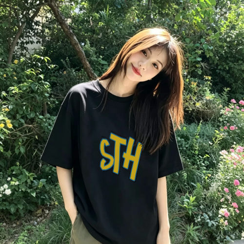 2026夏季新款纯棉黑色t恤女宽松休闲百搭字母印花圆领短袖上衣