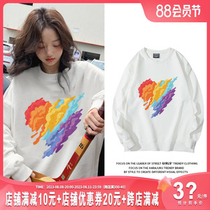 设计感小众印花白色圆领卫衣女2023年新款早秋宽松春秋薄款上衣潮