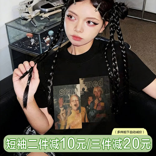 欧美风潮牌复古黑色大码半袖t恤