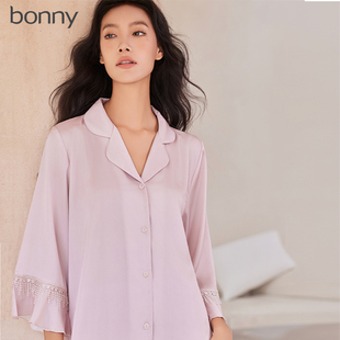 Bonny/博尼仿真丝小翻领七分袖长裤女家居服流苏睡裙睡衣套装夏