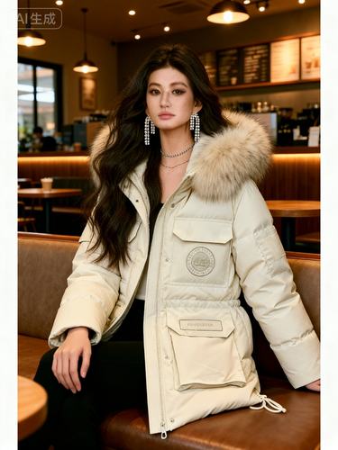 2025丹麦之冬极寒女短款加厚大毛领粉色工装派克服韩版羽绒棉服女