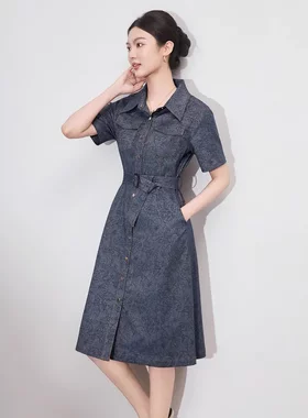 2509906-复古提花牛仔连衣裙收腰气质显瘦高级感中长裙南油女夏款