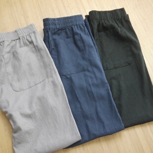 外贸春秋休闲人棉麻长裤子松紧腰小直筒修身男女工装裤亚麻裤高腰