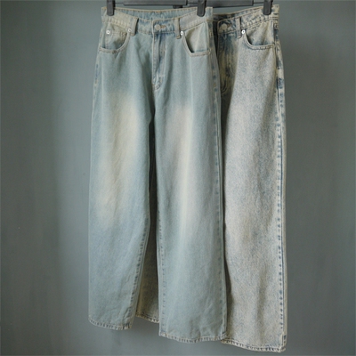 外贸单秋冬休闲牛仔裤水洗做旧长裤子纯棉阔腿裤雪花牛仔大筒裤