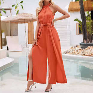 strap neck jumpsuit夏季 薄款 女 Solid 纯色挂脖绑带连体裤 color