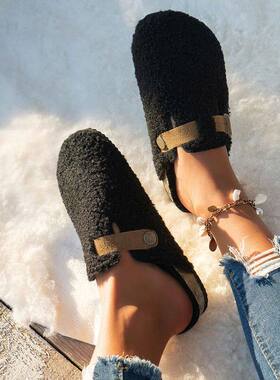 Women Slippes Mules Fu Women Shoes Winte New Buckle Flats Pl