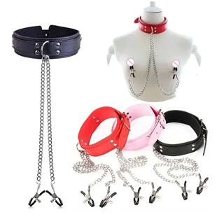 Sexy Leather Choker Collar With Nipple Clamp Breast Clip