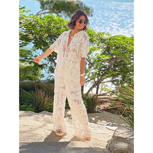 Hollow Out Short Fashion Sleeve Lapel Crochet Chic Women Set