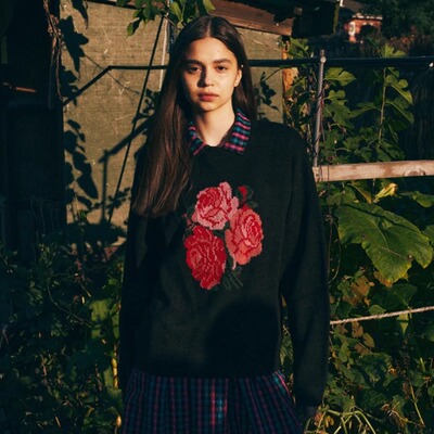 韩国代购CEC大玫瑰提花长袖毛衣