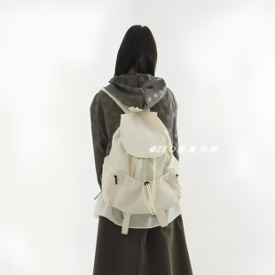 韩国代购 ins风百搭 localmansion 自然格子抽绳休闲双肩背包书包