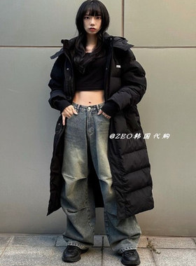 限时特价 韩国代购 FCMM 男女同款连帽长款环保羽绒棉服 情侣外套