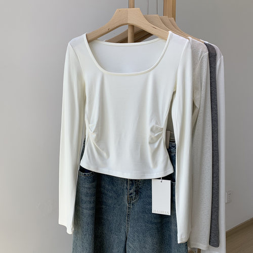 方领褶皱纯色长袖t恤女春秋纯欲bm风辣妹修身短款打底衫上衣