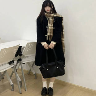 中长款 学院风加厚牛角扣大衣女情侣日系学院加绒毛呢外套冬情侣装