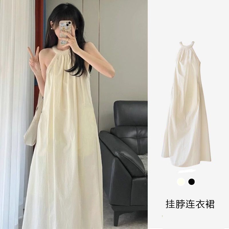 温柔风挂脖连衣裙女夏季新款法式茶歇气质宽松显瘦白色无袖长裙子