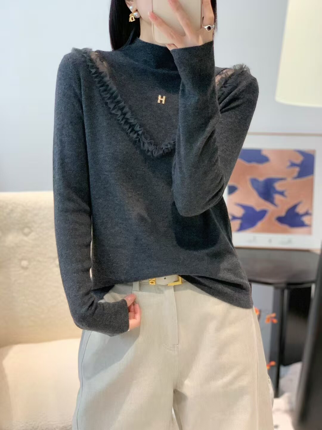 Jingmei2025秋新H露肩纺纱半高领长袖针织衫女修身显瘦打底衫上衣