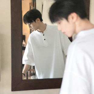 美式 打底衫 拼接短袖 重磅内搭半袖 Polo衫 白色亨利领正肩t恤男夏季